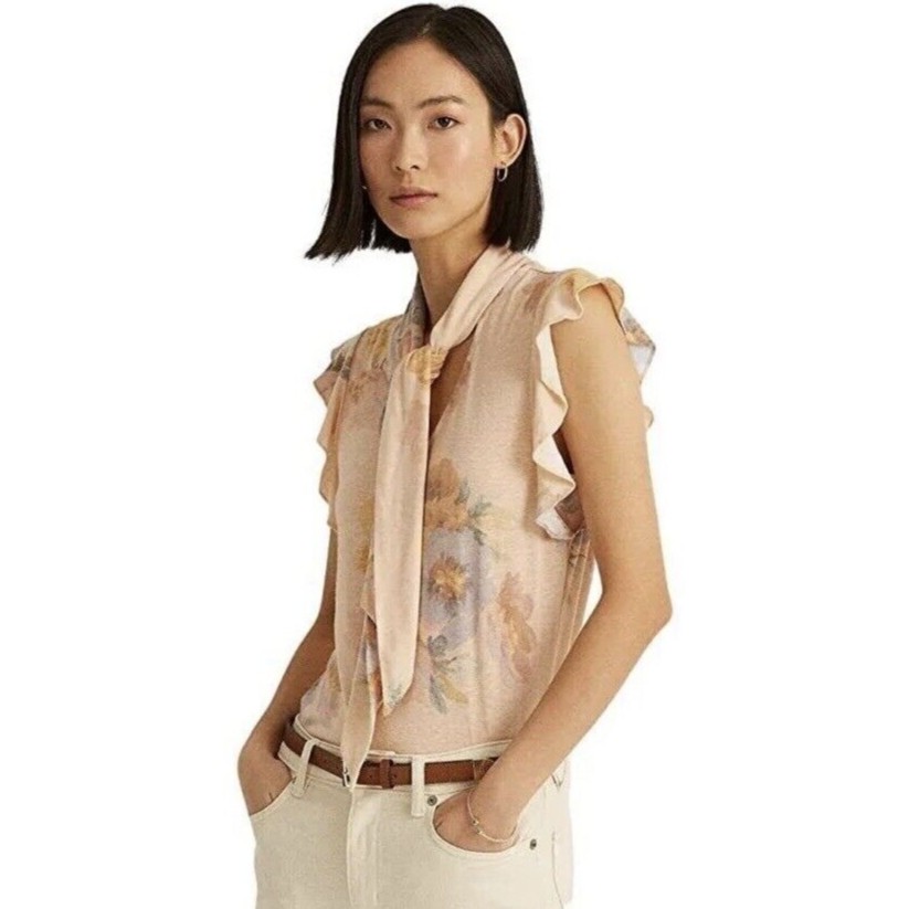 Nwt Lauren Ralph Lauren Womens Ruffled Flutter Sleeve Top Size 2x Floral Print